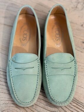 Tod's Mint Green Suede Penny Loafers